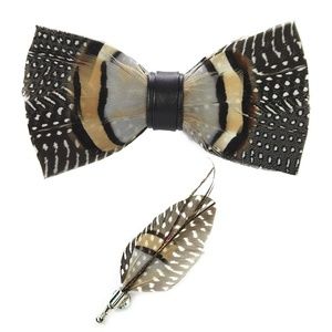 Mens Natural Feather Pre Tied Bow tie & Lapel Pin